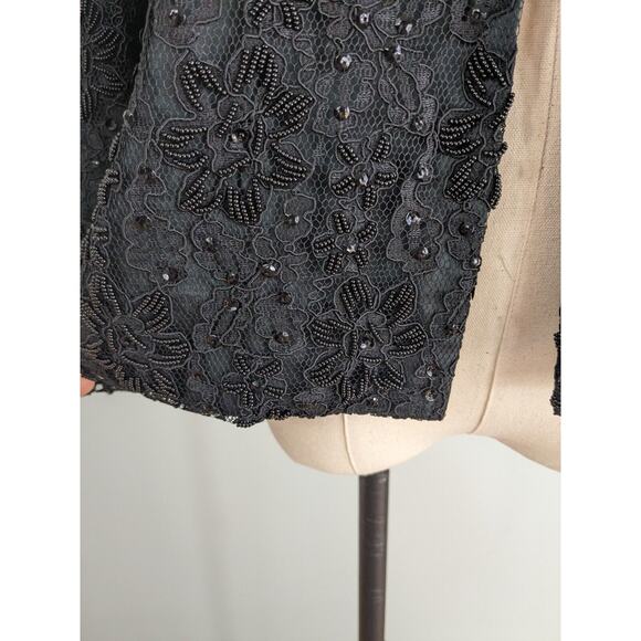 Vintage Topper Jacket Blazer M Black 60s French Lace Silk Beaded Evening Formal - Picture 4 of 7